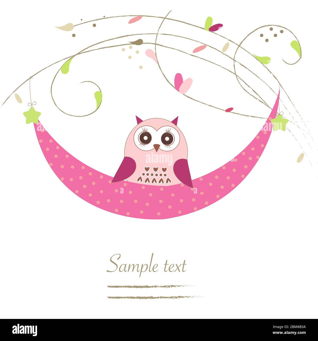 Newborn baby girl cradle with owl baby shower greeting card Stock