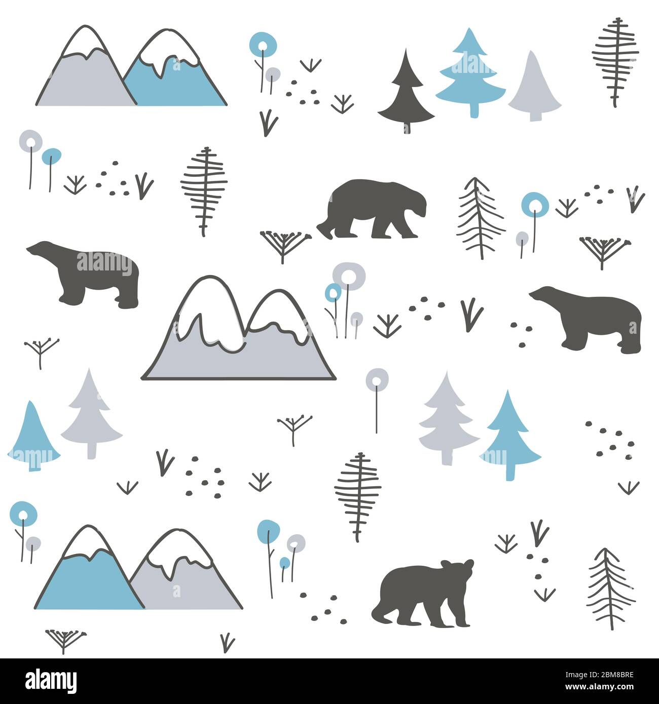 Polar bear, mountain and forest seamless pattern background. Winter pattern. Stock Vector