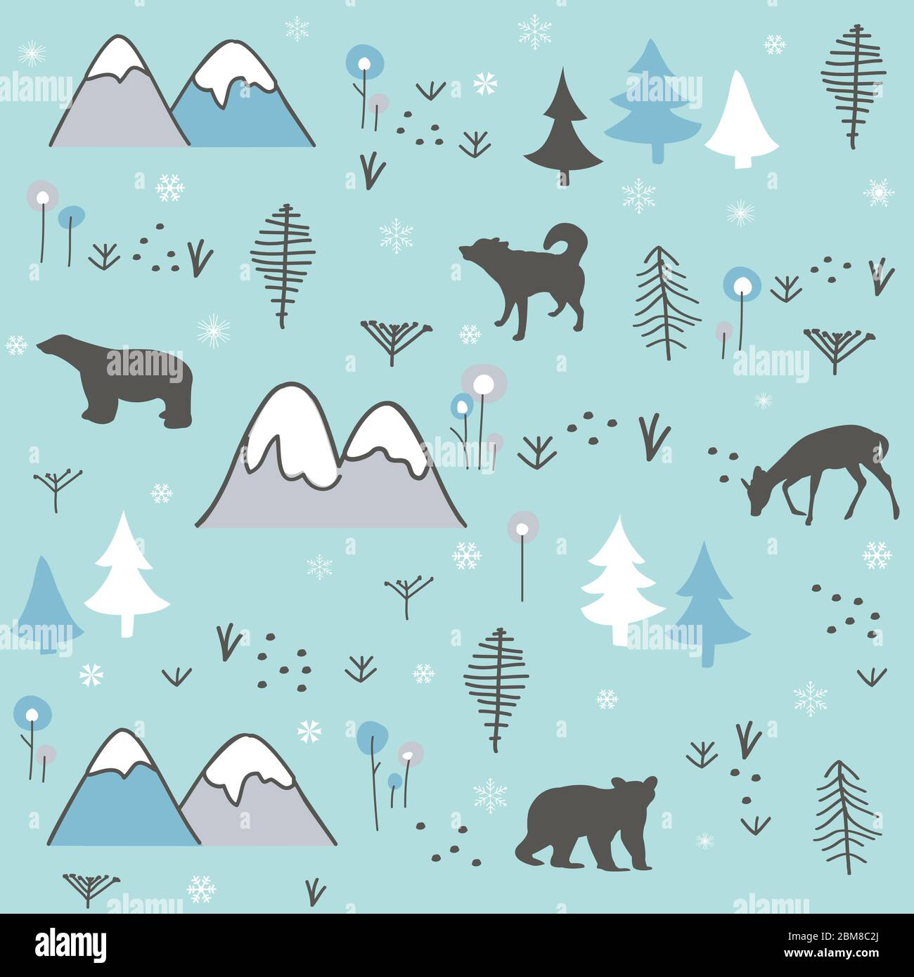 Polar bear, wolf, deer, mountain and forest seamless pattern background. Winter cold pattern. Stock Vector