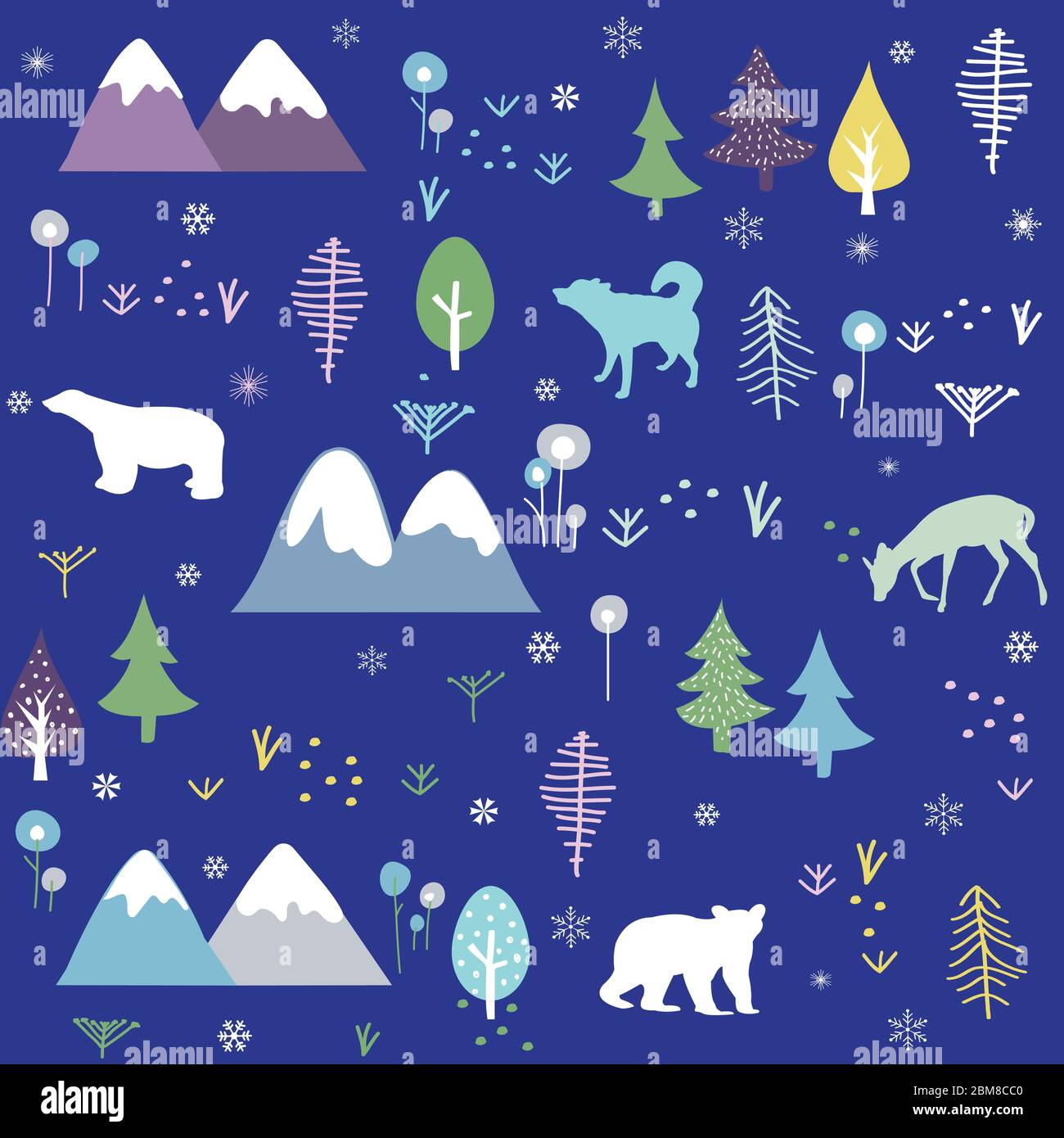 Polar bear, wolf, deer, mountain and forest pattern background. Winter cold pattern. Stock Vector