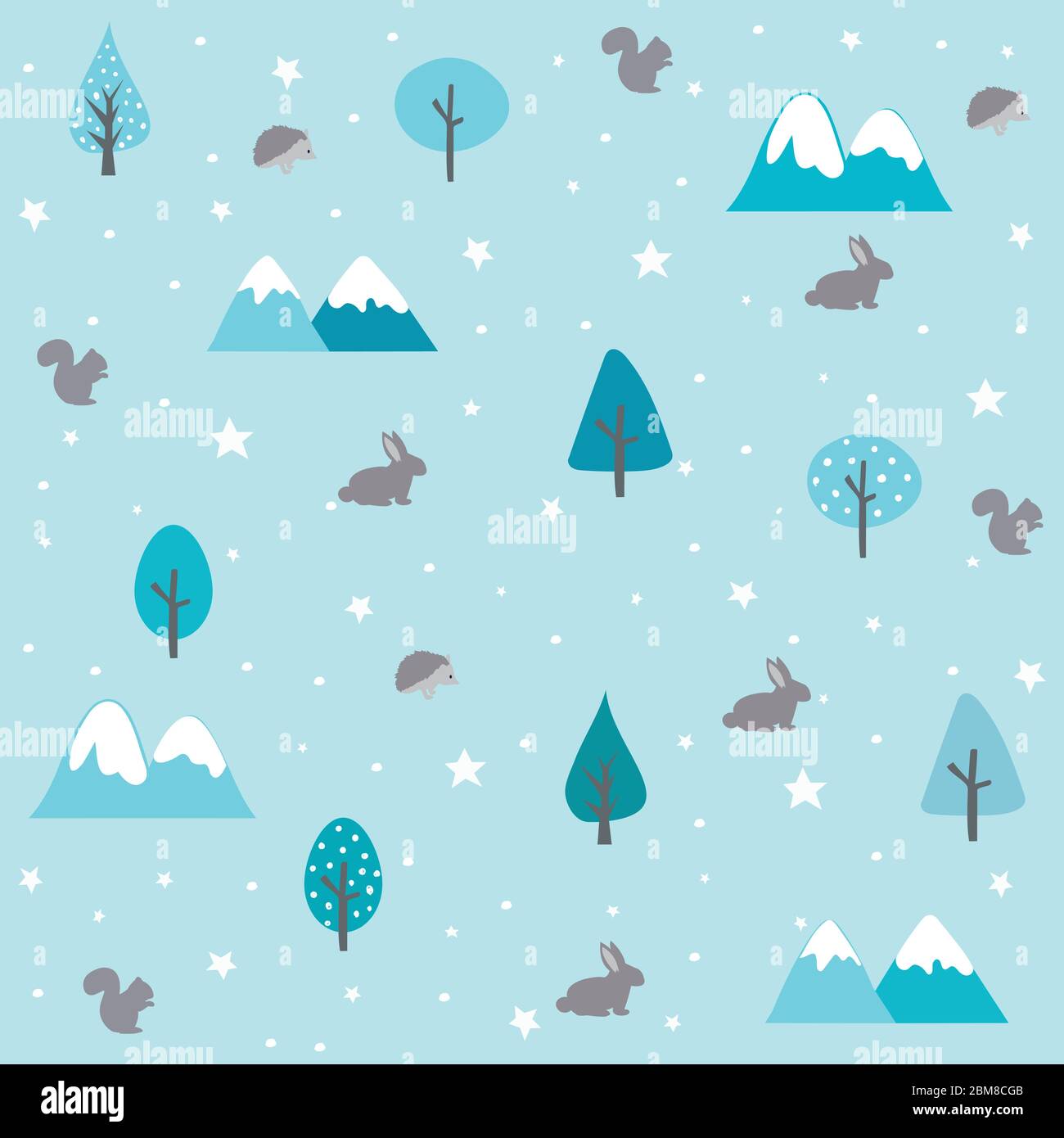 Vintage forest seamless pattern with floral, rabbit, squirrel and hedgehog. Winter cold pattern. Stock Vector