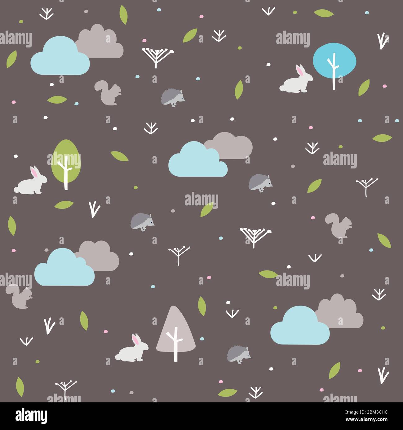 Vintage forest seamless pattern with floral, rabbit, squirrel and hedgehog Stock Vector