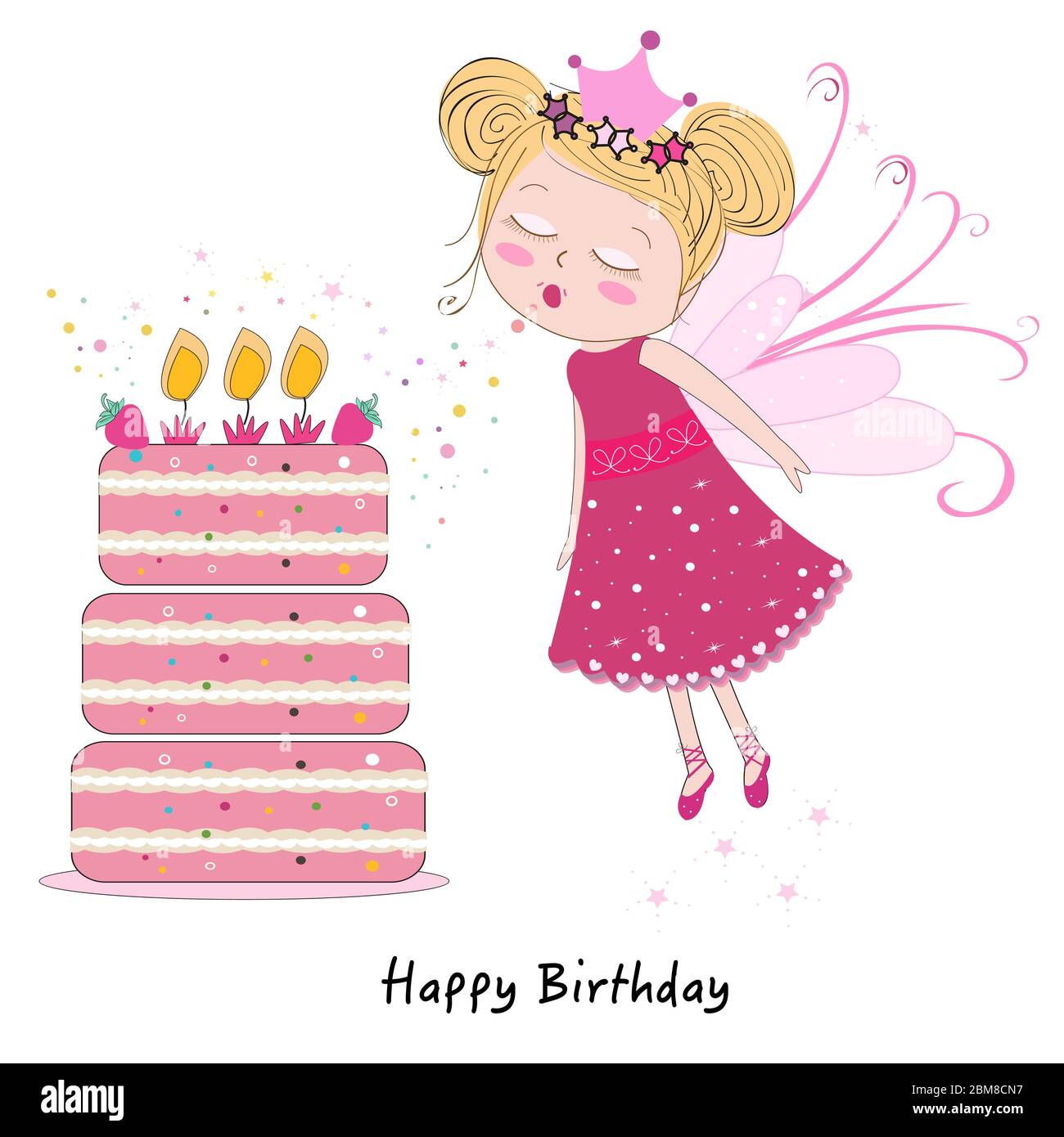 Fairy Girl Blowing Out Candles With Happy Birthday Cake Stock Vector Image Art Alamy