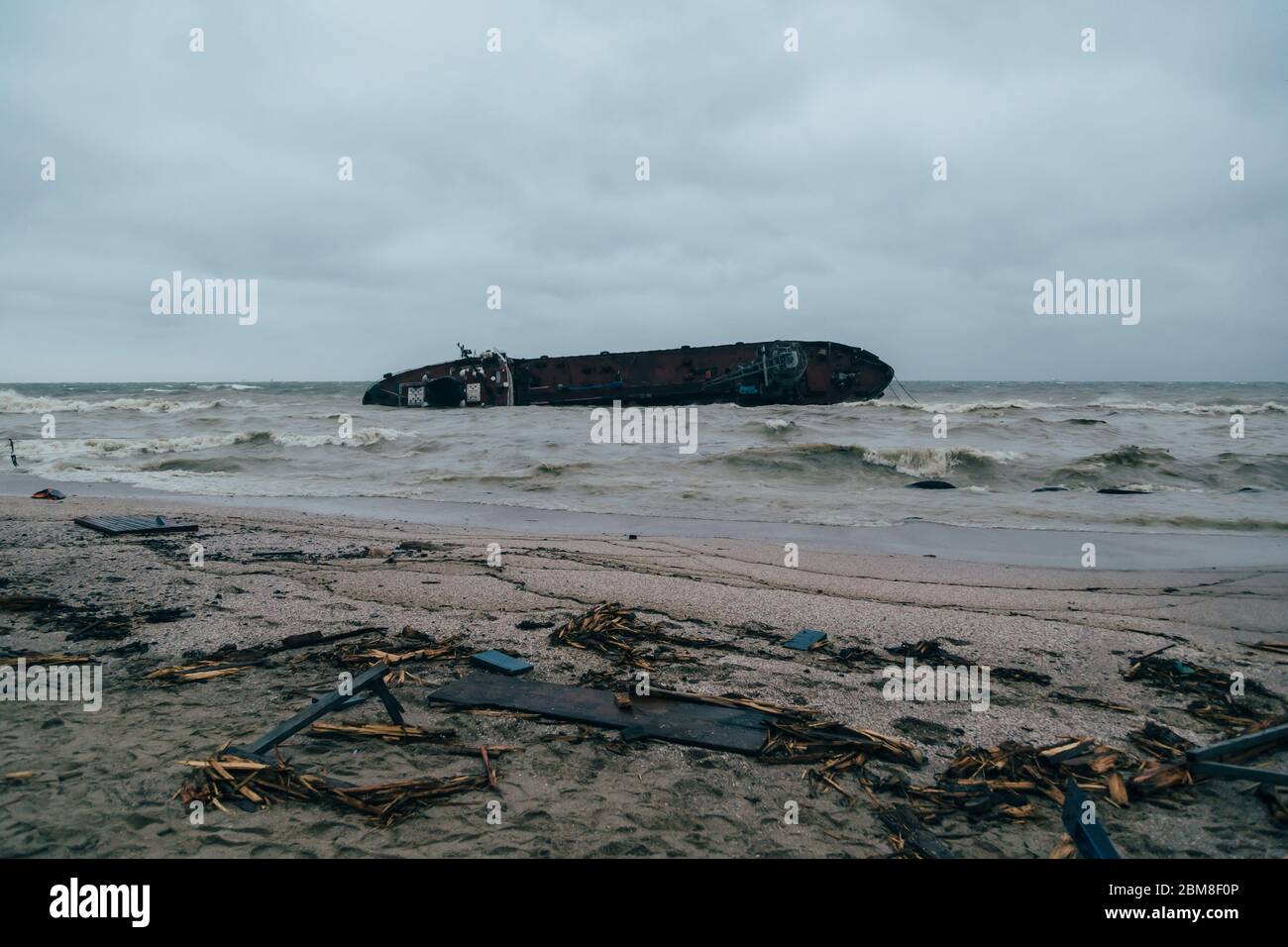 Odessa, Ukraine - November, 22 2019: The consequences of the shipwreck disaster of the tanker Delfi at the Black Sea coast. Ecological, environmental Stock Photo