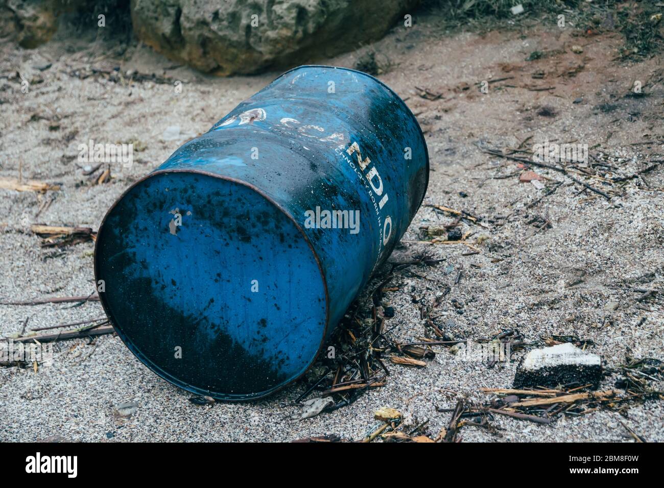 Odessa, Ukraine - November, 22 2019: A fuel can, canister with oil at the beach - the consequences of the shipwreck disaster of the tanker Delfi at Stock Photo
