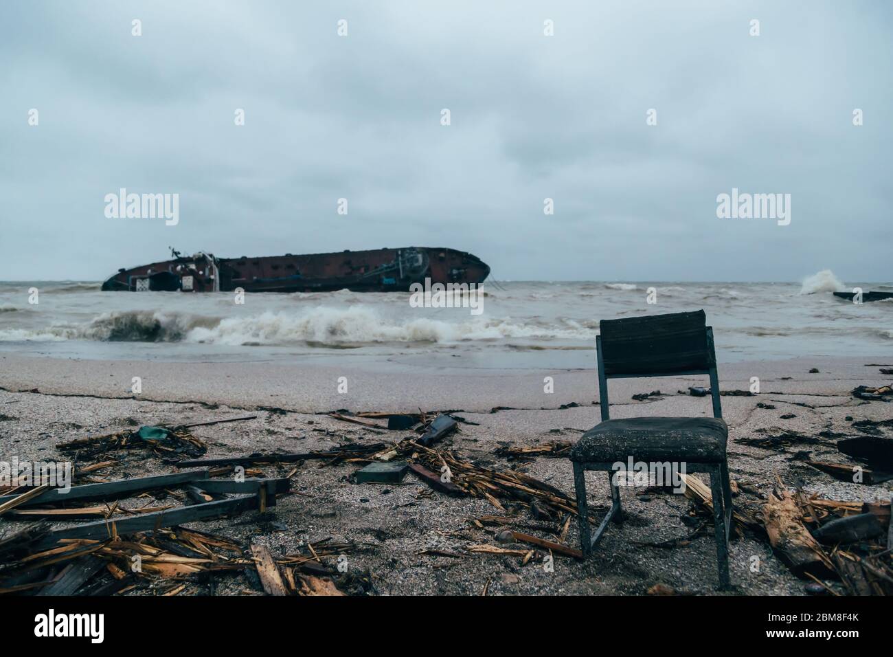 Odessa, Ukraine - November, 22 2019: The consequences of the shipwreck disaster of the tanker Delfi at the Black Sea coast. Ecological, environmental Stock Photo