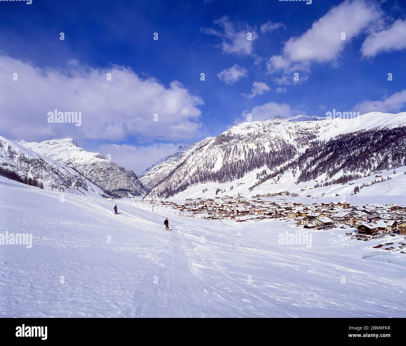 Resort view from lower slopes, Livigno, Alta Valtellina, Lombardy, Italy Stock Photo