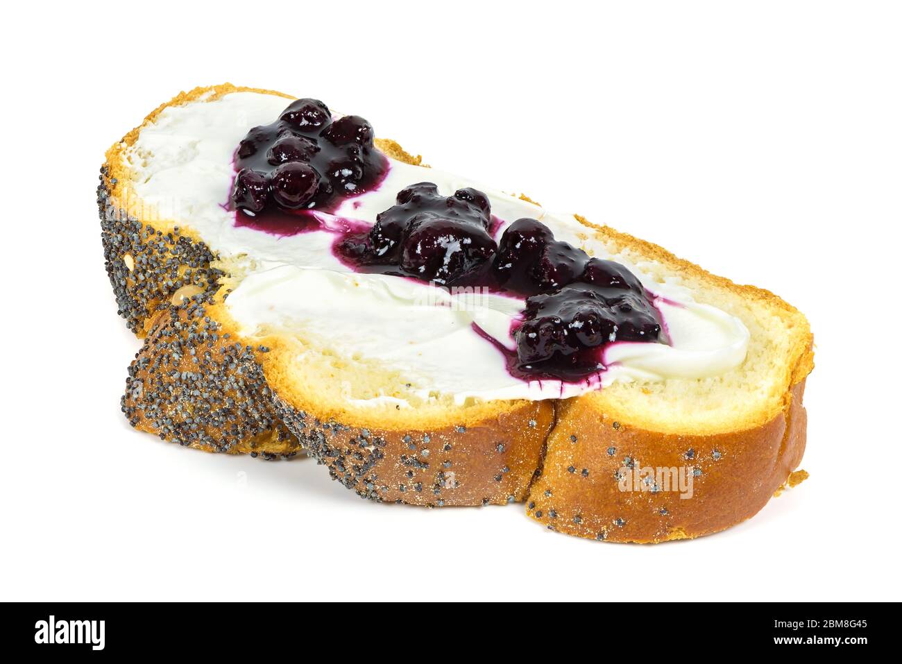 Slice of challah bread with cottage cheese and jam isolated on white ...