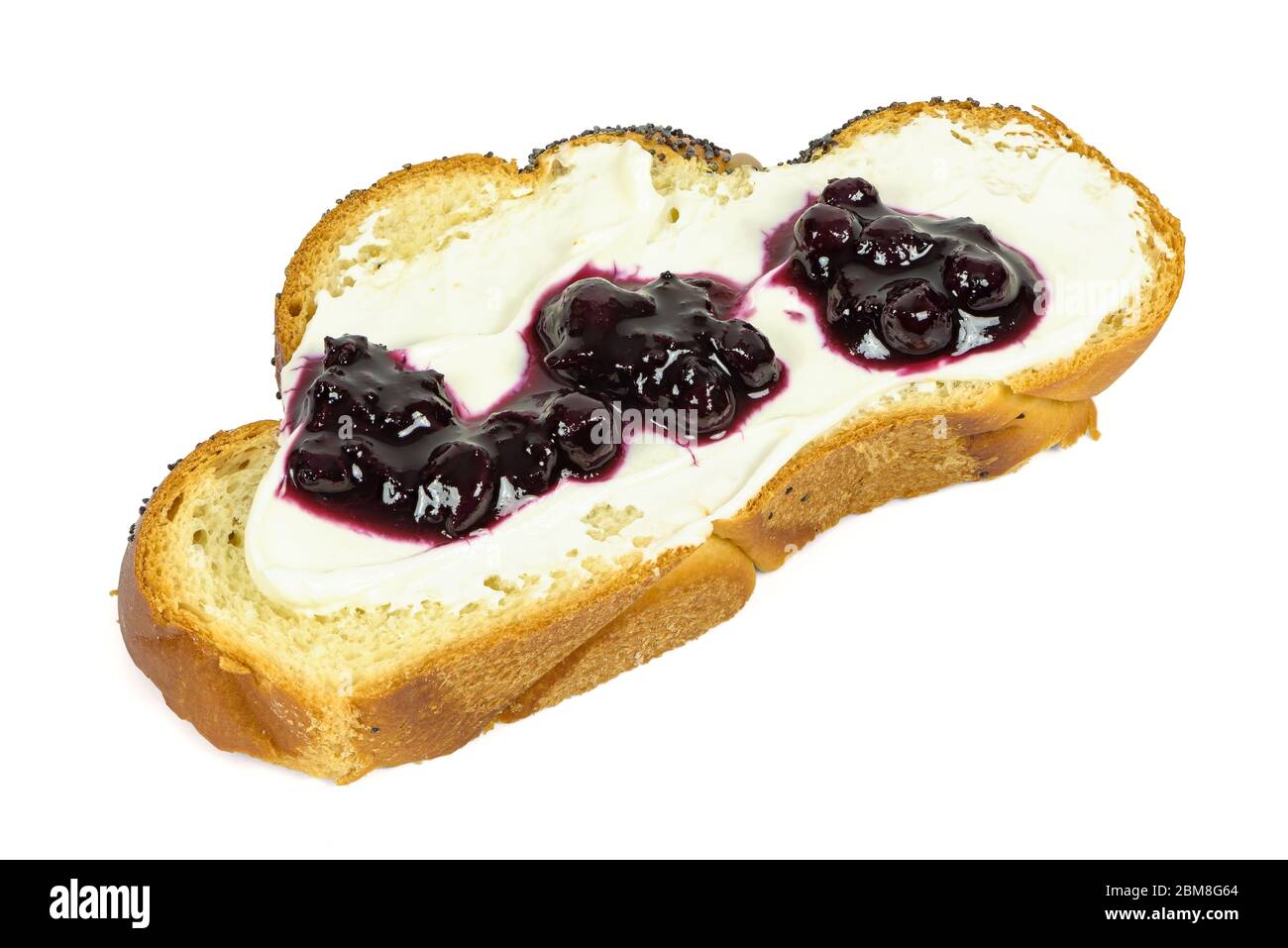 Slice of challah bread with cottage cheese and jam isolated on white ...
