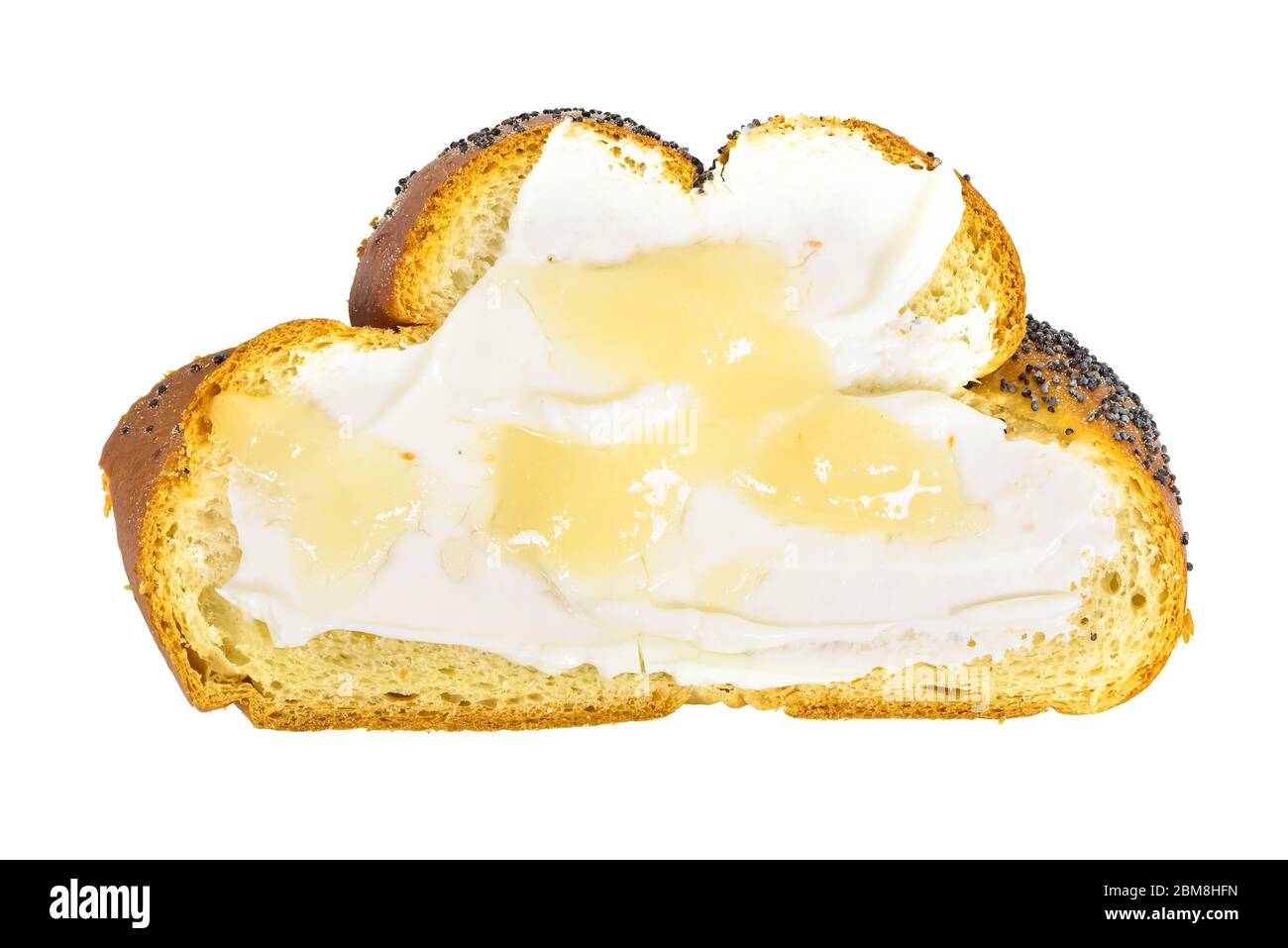 Top view of slice of challah bread with cottage cheese and honey ...