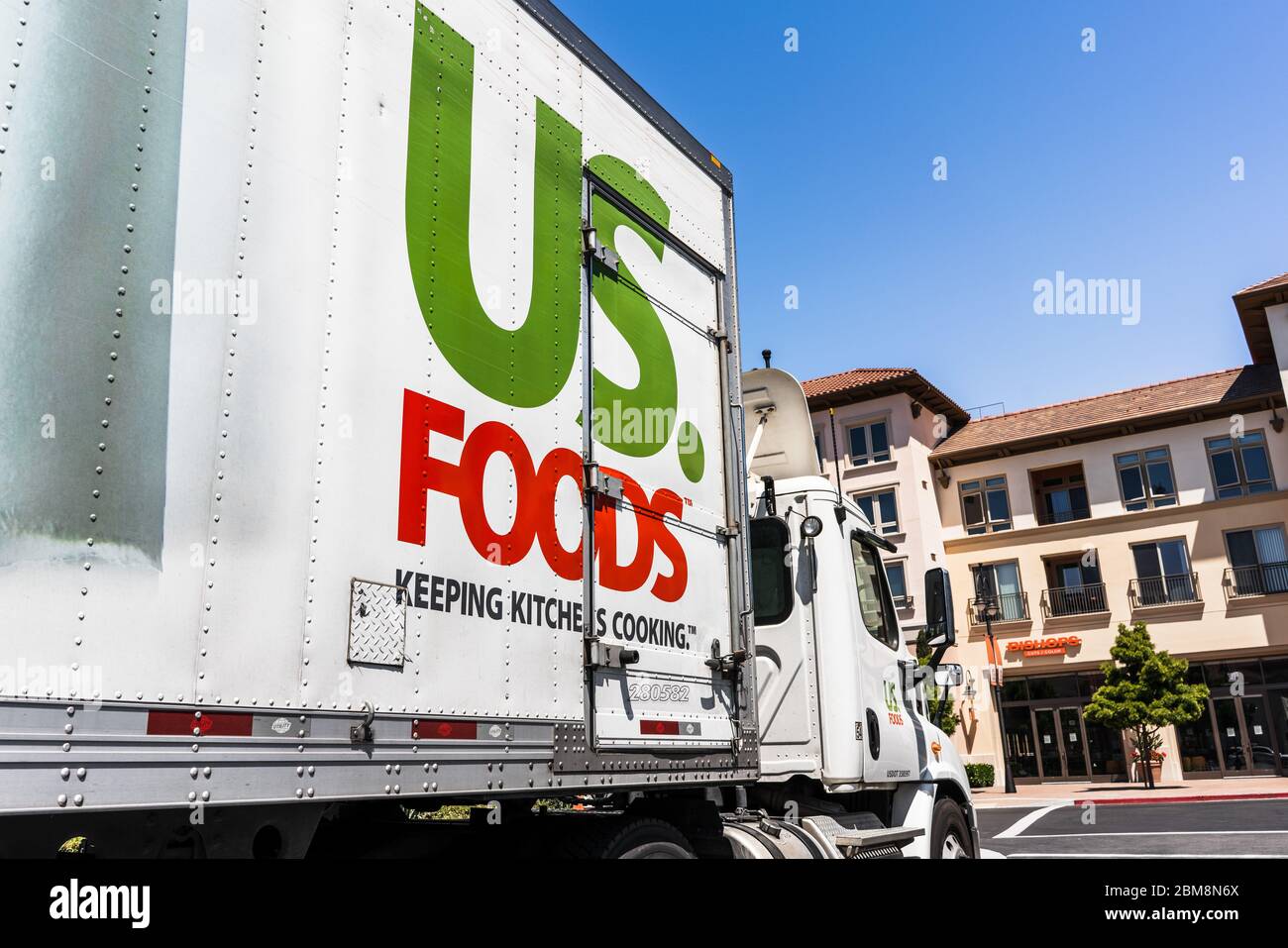 May 5, 2020 Santa Clara / CA / USA - US Foods truck driving on a street in San Francisco bay; US. Foods is an American food-service distributor Stock Photo