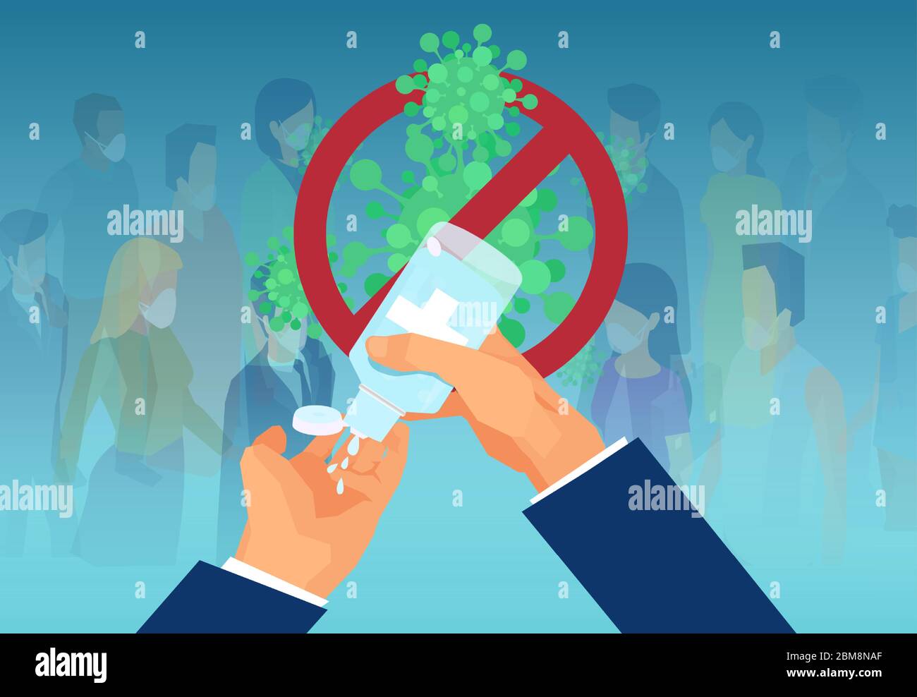 Vector of a man applying hand sanitizer on a background of a large crowd of people in face masks Stock Vector