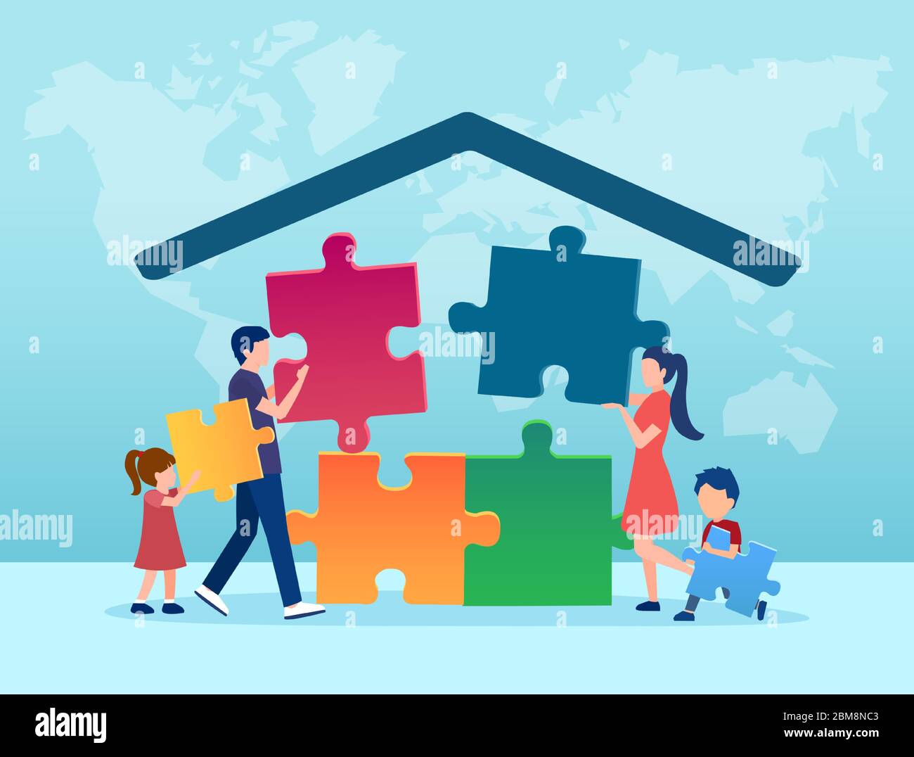 Vector of a young family parents and children building a house Stock Vector