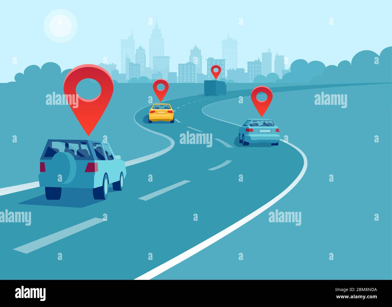Vector of cars and trucks driving on a highway with geo location signs. Concept of navigation and direction. Stock Vector
