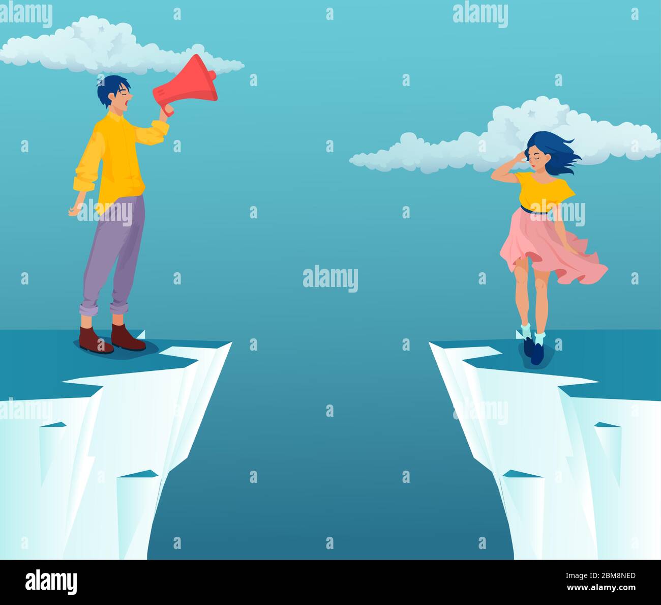 Vector of a young man standing at a cliff edge screaming in megaphone to a woman on the other side Stock Vector
