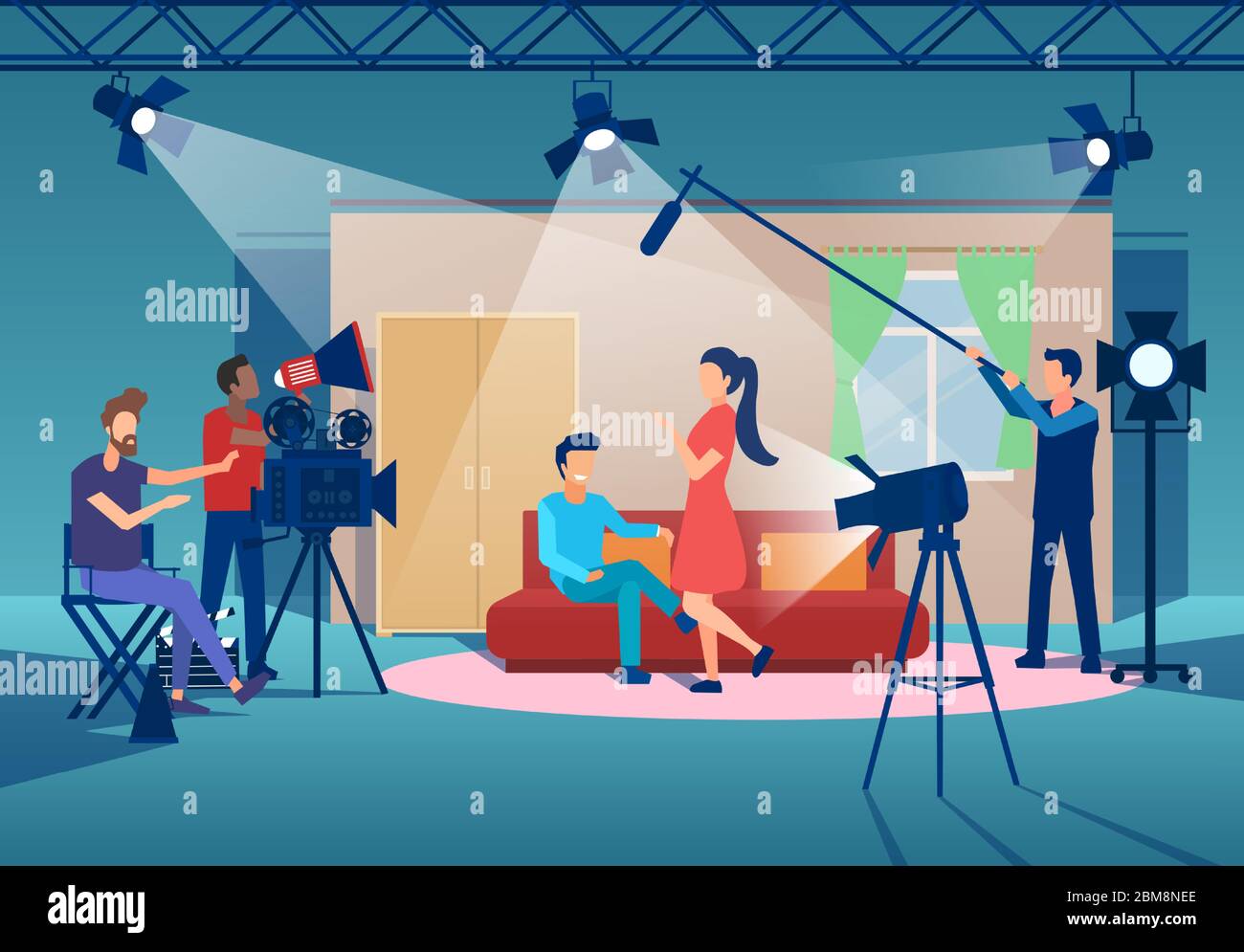 Vector of a film production with cinema people, camera man, director, actors and a boom operator Stock Vector