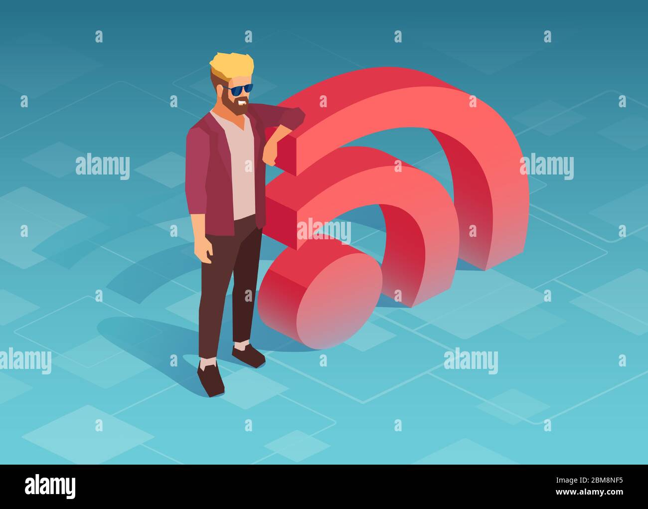 Vector of a hipster man standing by 3d rss symbol Stock Vector