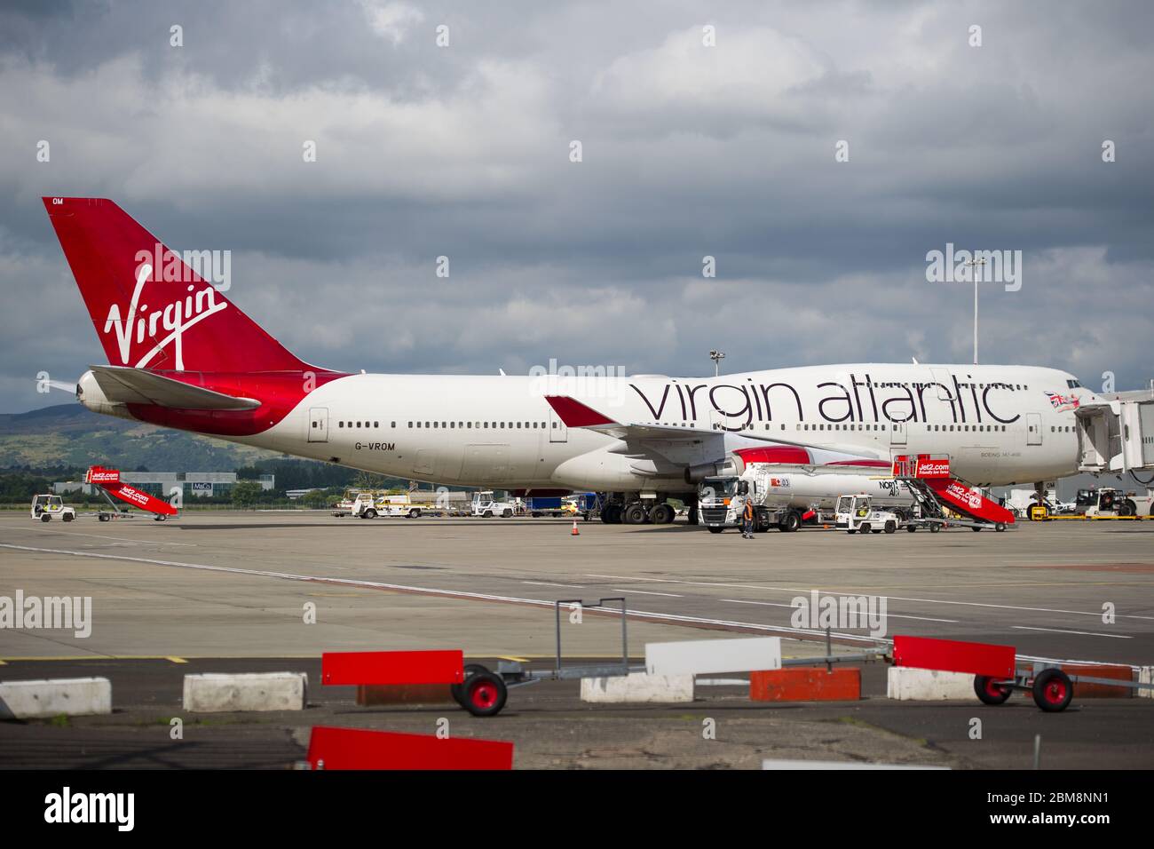 Glasgow, UK. 25 August 2019.  Pictured: Virgin Atlantic Boeing 747-400 reg G-VROM nicknamed Barbarella is one of the long haul wide die body aircraft in Virgin's leisure fleet. Normally covering London Gatwick, this aircraft serves Glasgow 3 times per week. Credit: Colin Fisher/Alamy Live News. Stock Photo