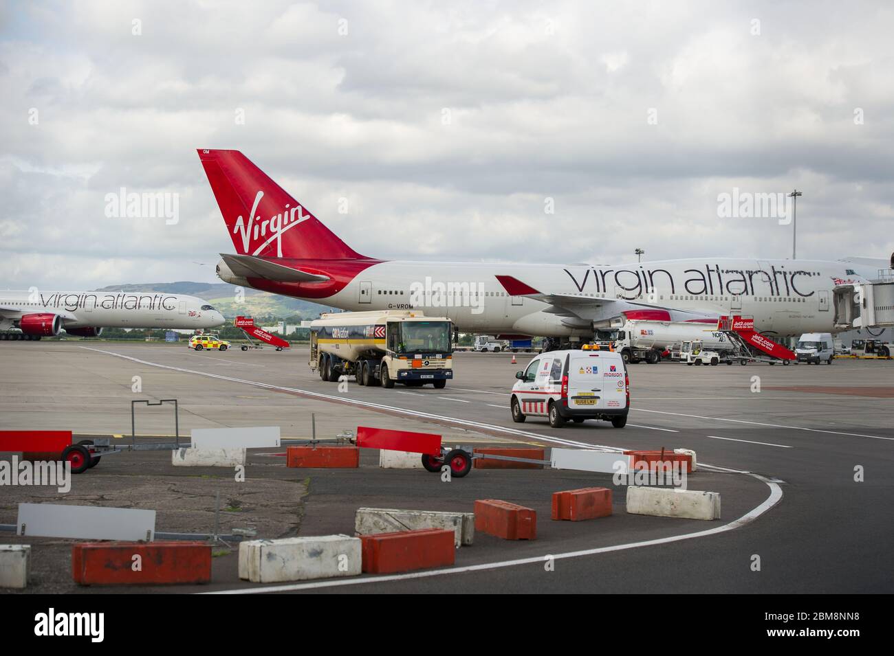 Glasgow, UK. 25 August 2019.  Pictured: Virgin Atlantic Boeing 747-400 reg G-VROM nicknamed Barbarella is one of the long haul wide die body aircraft in Virgin's leisure fleet. Normally covering London Gatwick, this aircraft serves Glasgow 3 times per week. Credit: Colin Fisher/Alamy Live News. Stock Photo