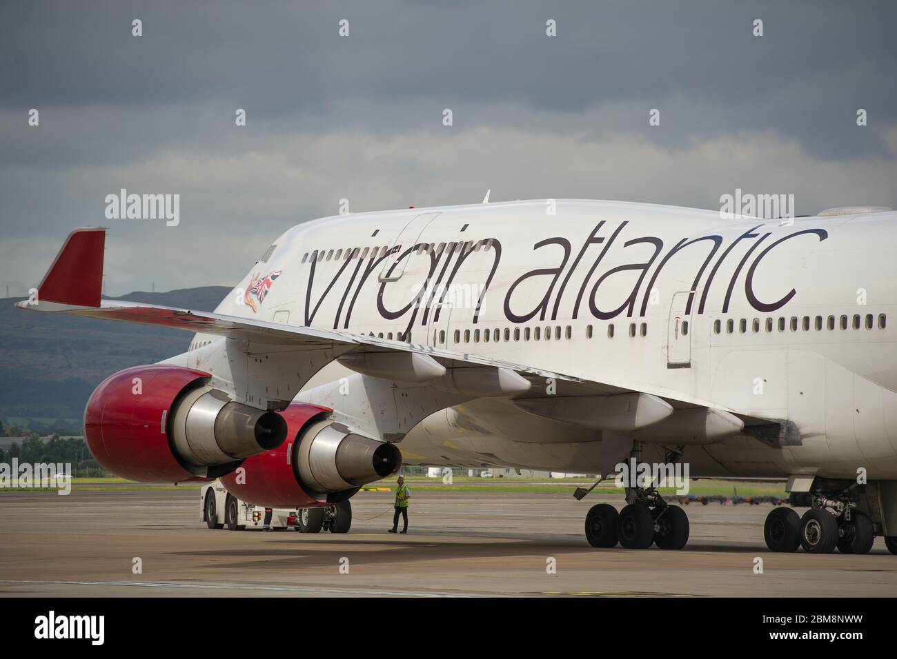 Glasgow, UK. 25 August 2019.  Pictured: Virgin Atlantic Boeing 747-400 reg G-VROM nicknamed Barbarella is one of the long haul wide die body aircraft in Virgin's leisure fleet. Normally covering London Gatwick, this aircraft serves Glasgow 3 times per week. Credit: Colin Fisher/Alamy Live News. Stock Photo