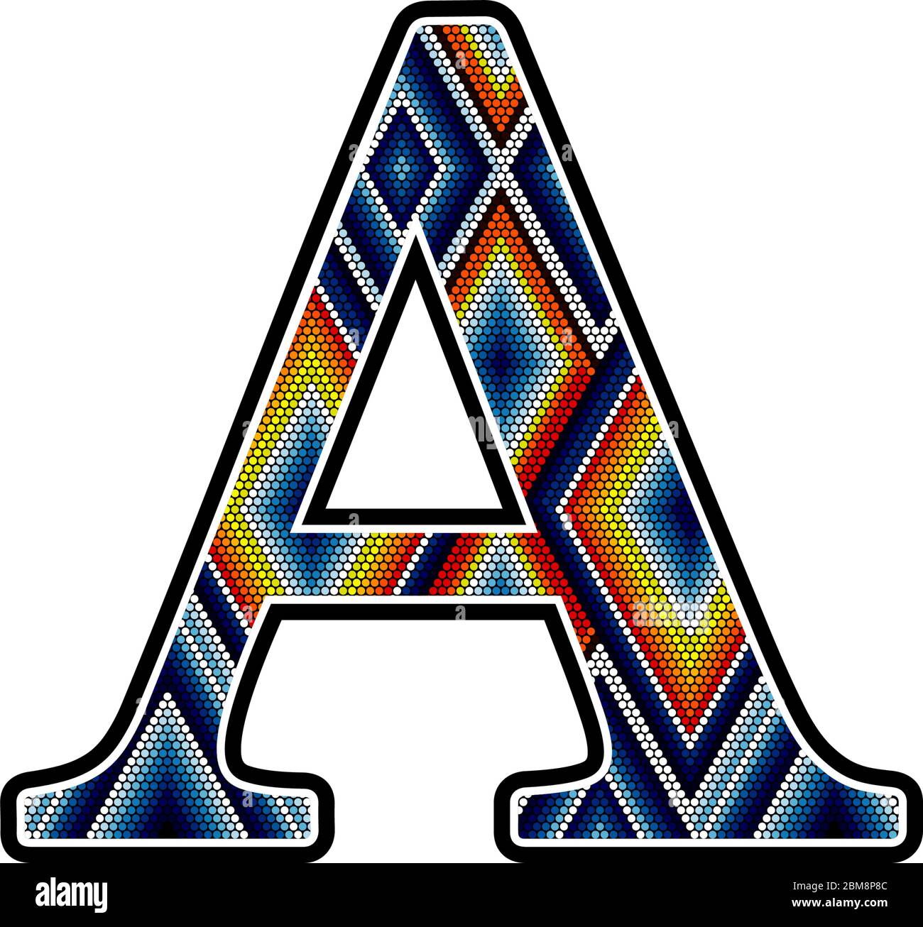 initial capital letter A with colorful dots abstract design inspired in mexican huichol art style. Isolated on white background Stock Vector