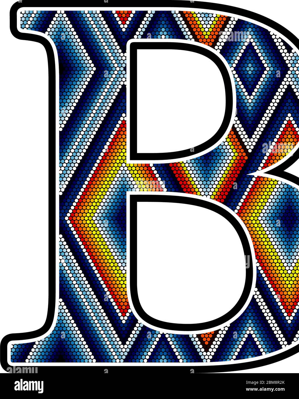initial capital letter B with colorful dots abstract design inspired in mexican huichol art style. Isolated on white background Stock Vector