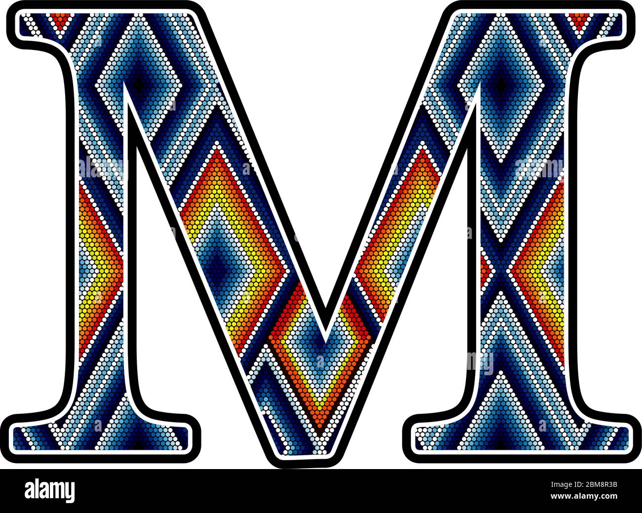 initial capital letter M with colorful dots abstract design inspired in mexican huichol art style. Isolated on white background Stock Vector