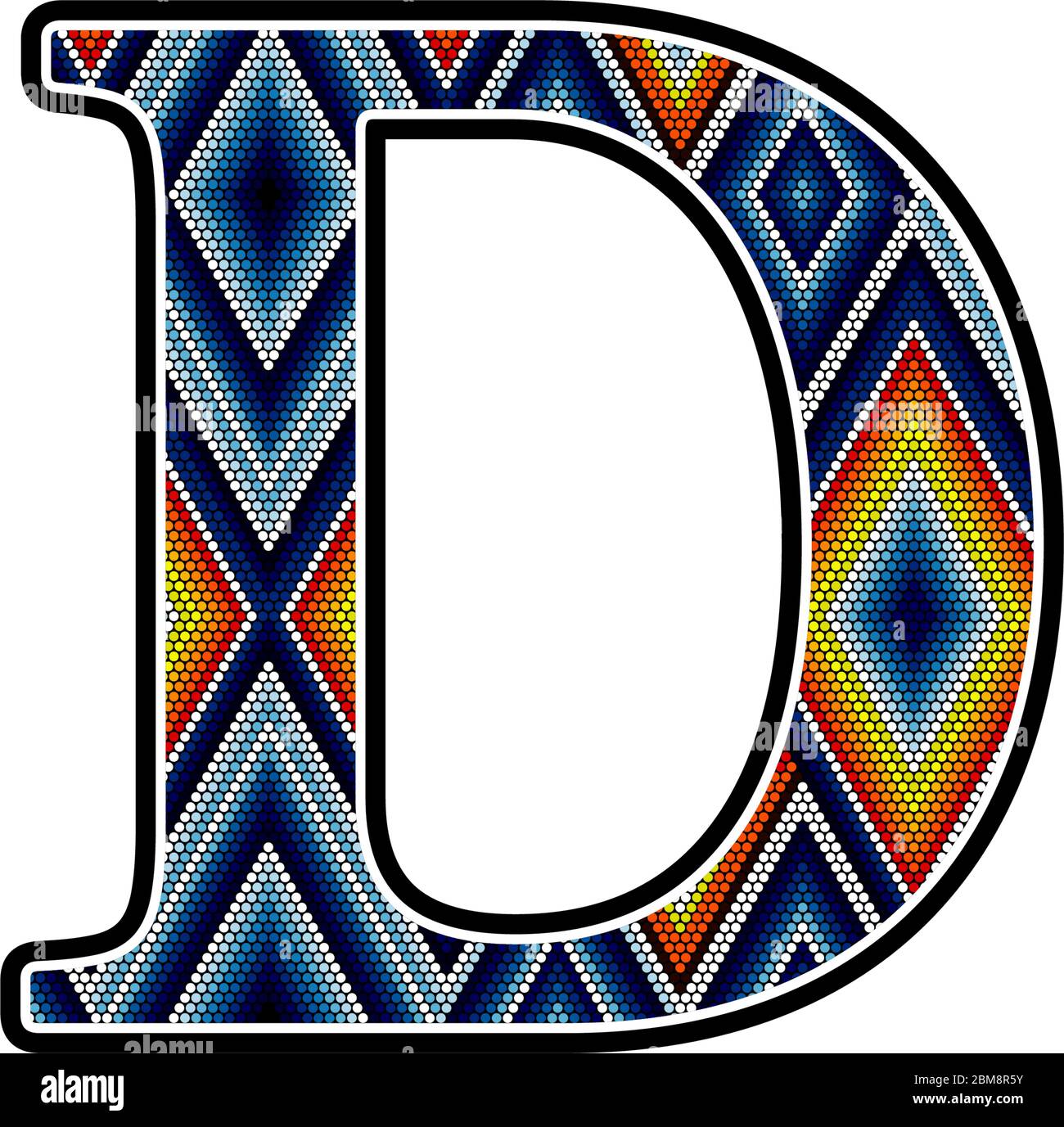 initial capital letter D with colorful dots abstract design inspired in mexican huichol art style. Isolated on white background Stock Vector