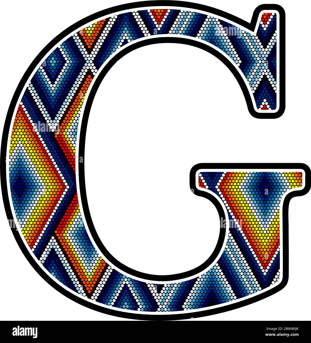 initial capital letter G with colorful dots abstract design inspired in mexican huichol art style. Isolated on white background Stock Vector