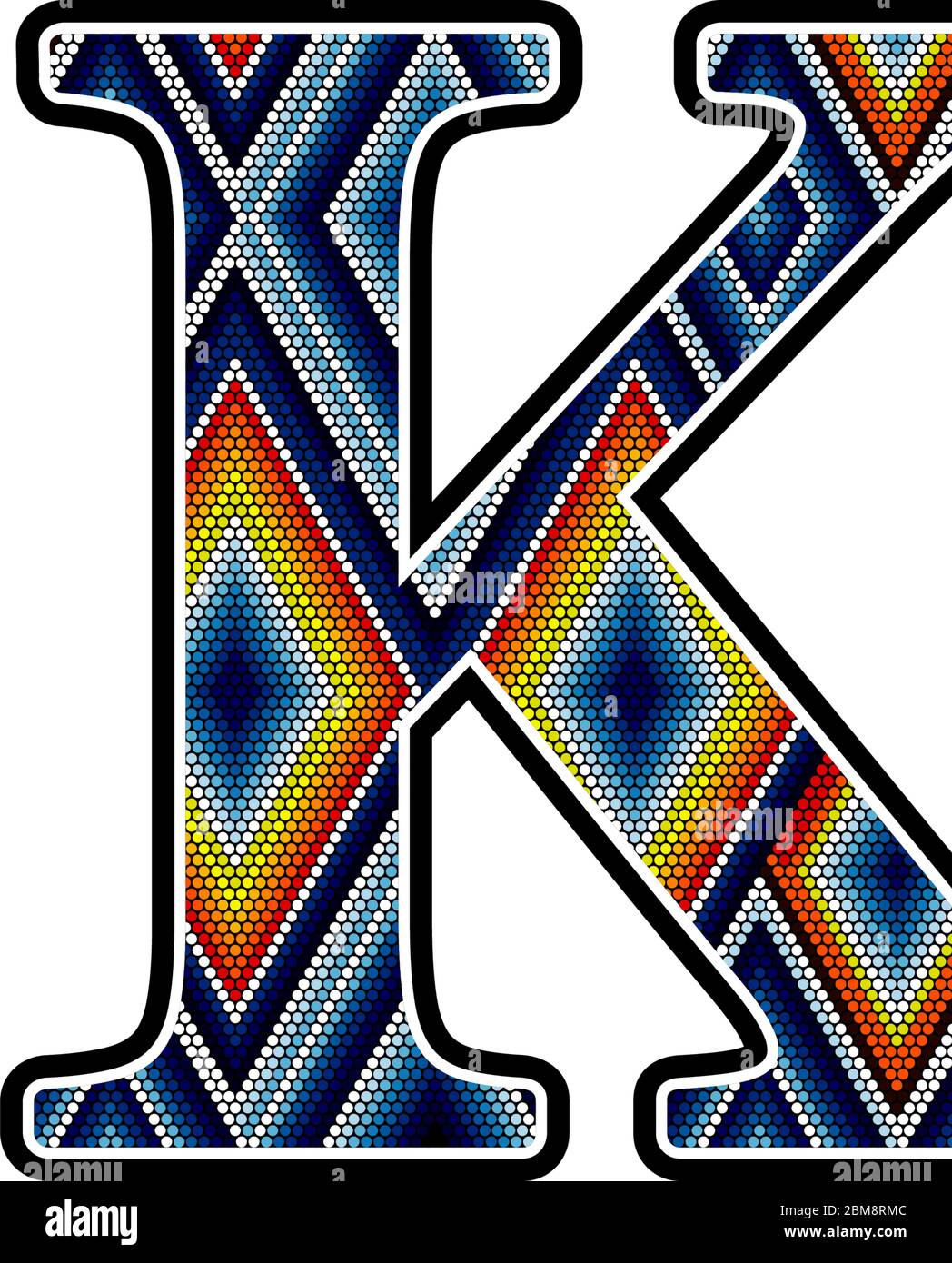 initial capital letter K with colorful dots abstract design inspired in mexican huichol art style. Isolated on white background Stock Vector