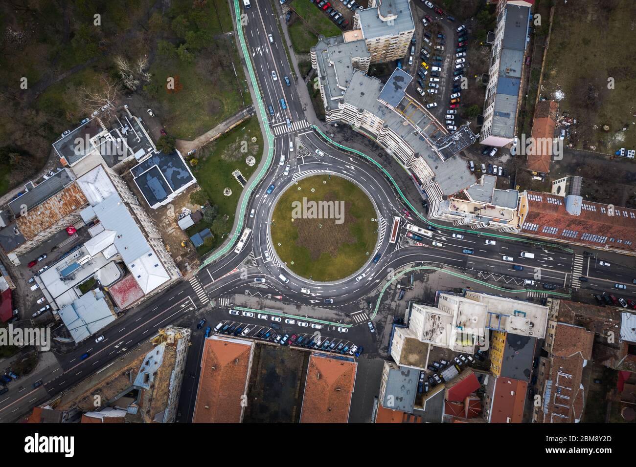 Aerial view of a freeway intersection traffic trails in Timisoara, Romania Stock Photo