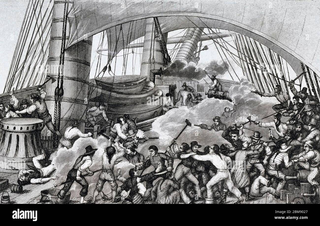Boarding of Triton by the privateer Hasard (ex British pilot ship Cartier), captained by Robert Surcouf - Ambroise Louis Garneray Stock Photo