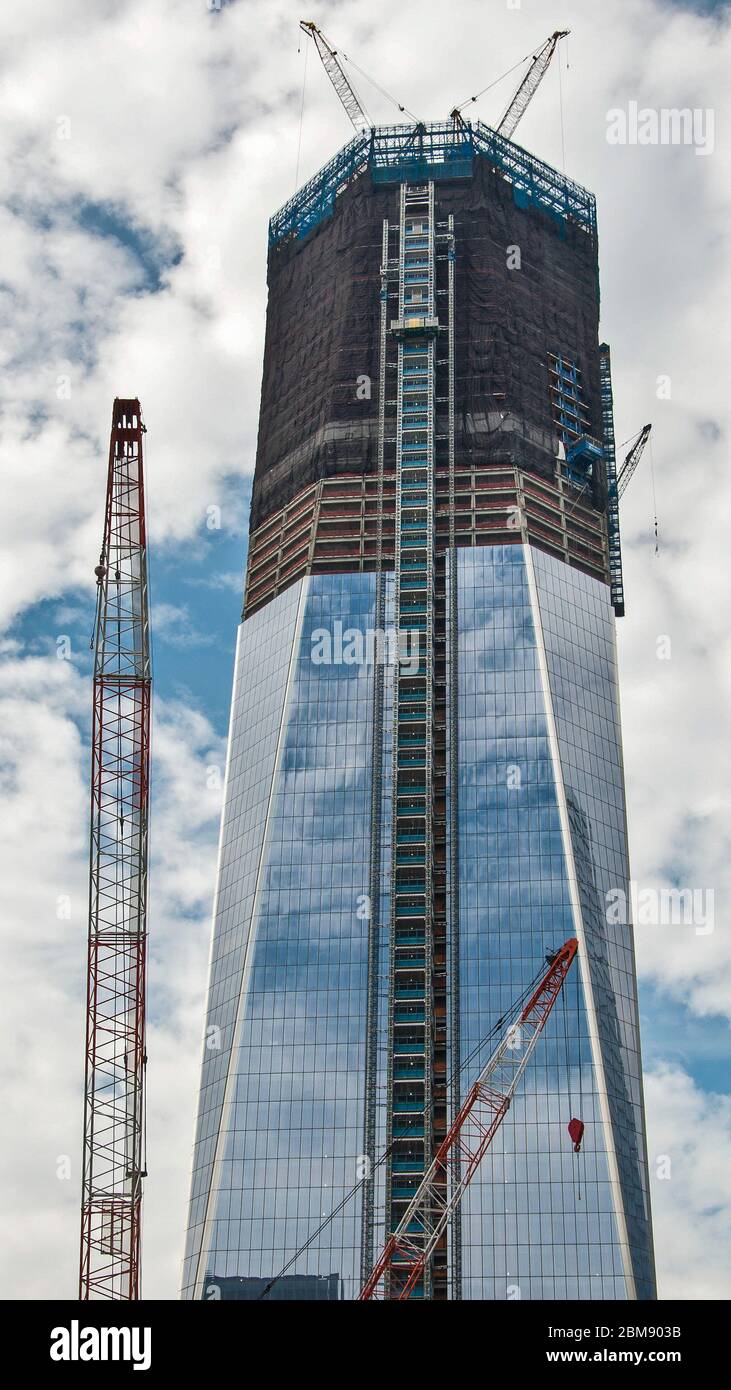 One World Trade Center being constructed after the bombing of the twin towers. Building is at the 80th floor in 2011. Stock Photo