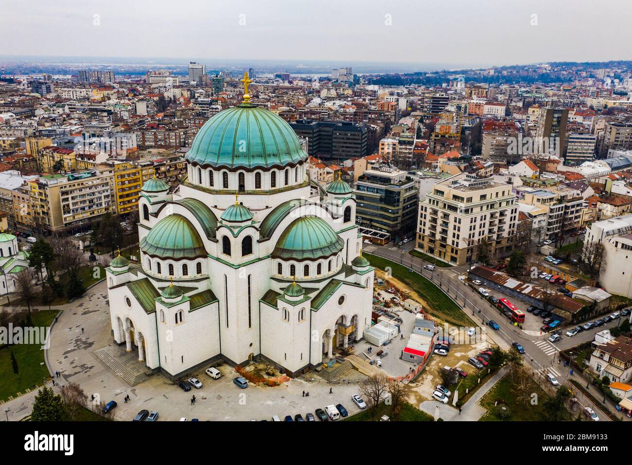 The Temple of Saint Sava in Belgrad from the Sky. The largest church in Southeastern Europe it is one of the largest Orthodox churches in the world Stock Photo