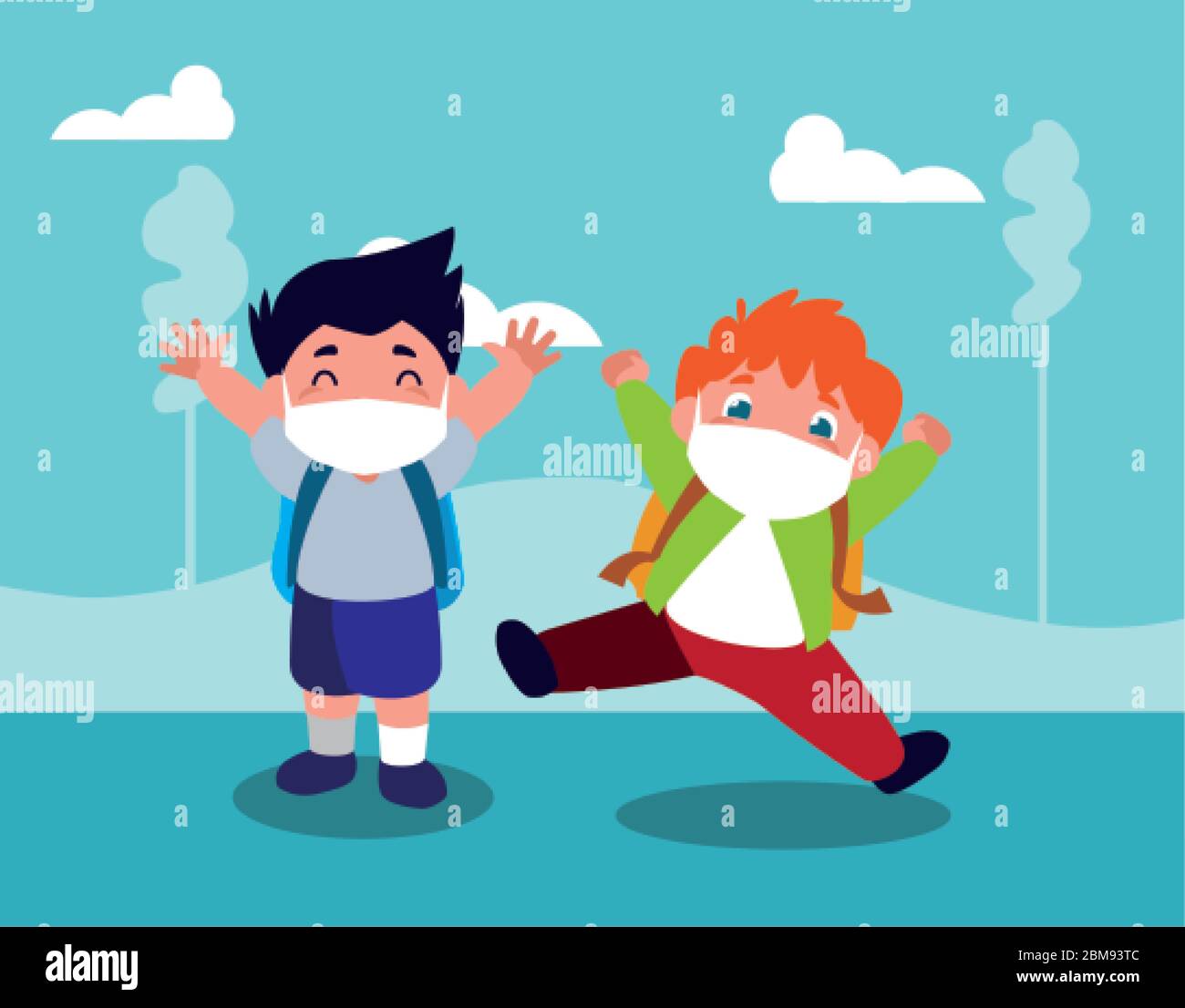 Boys kids cartoons with masks and school bags at park design of Covid