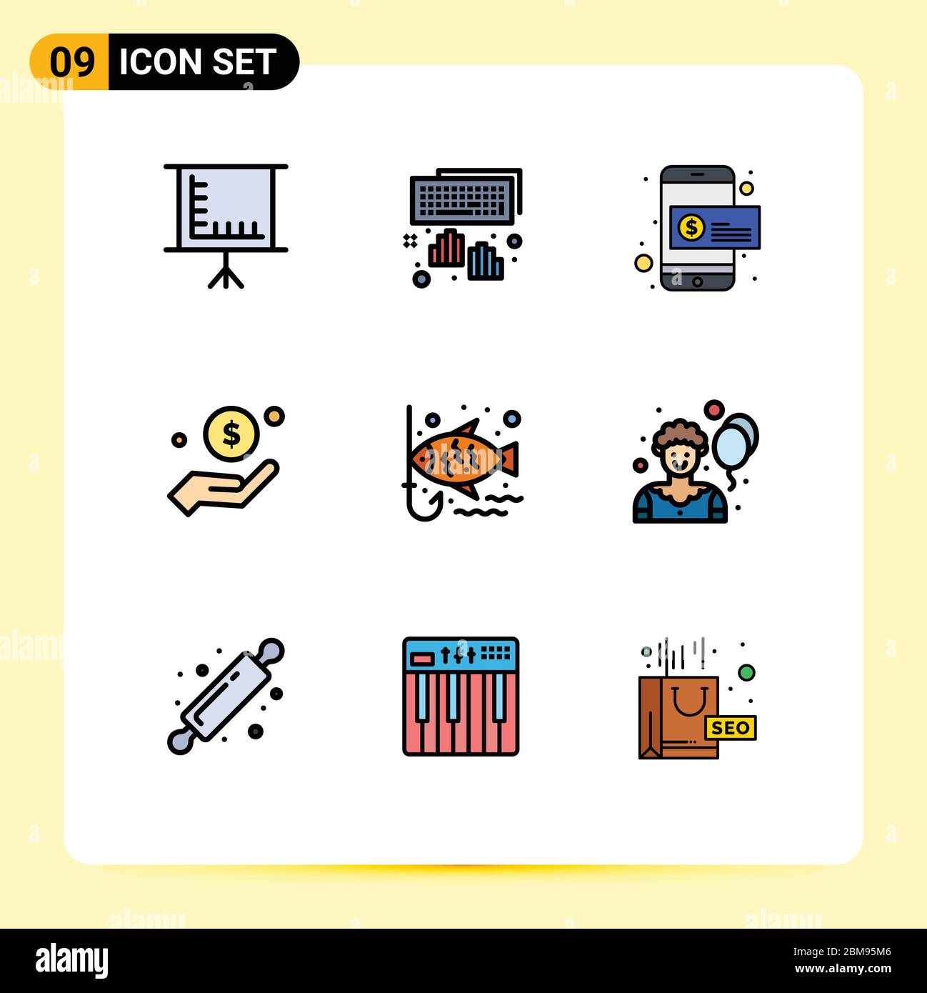 Set of 9 Modern UI Icons Symbols Signs for fishing, help, dollar, charity, money Editable Vector Design Elements Stock Vector