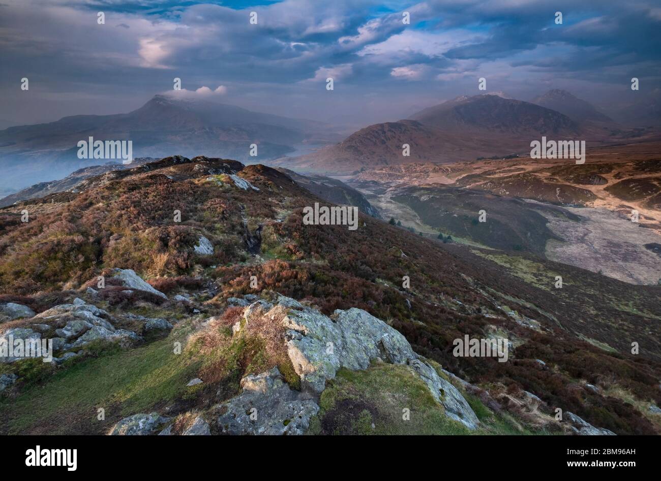 Big Skies over Crimpiau, looking to Dyffryn Mymbyr and Moel Siabod and The Glyderau, Snowdonia National Park, North Wales, UK Stock Photo