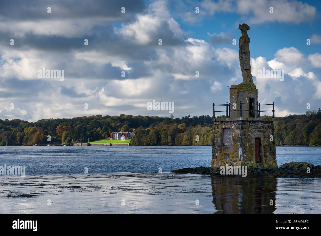 Statue of Lord Nelson backed by Plas Newydd, Menai Strait, Anglesey, North Wales, UK Stock Photo