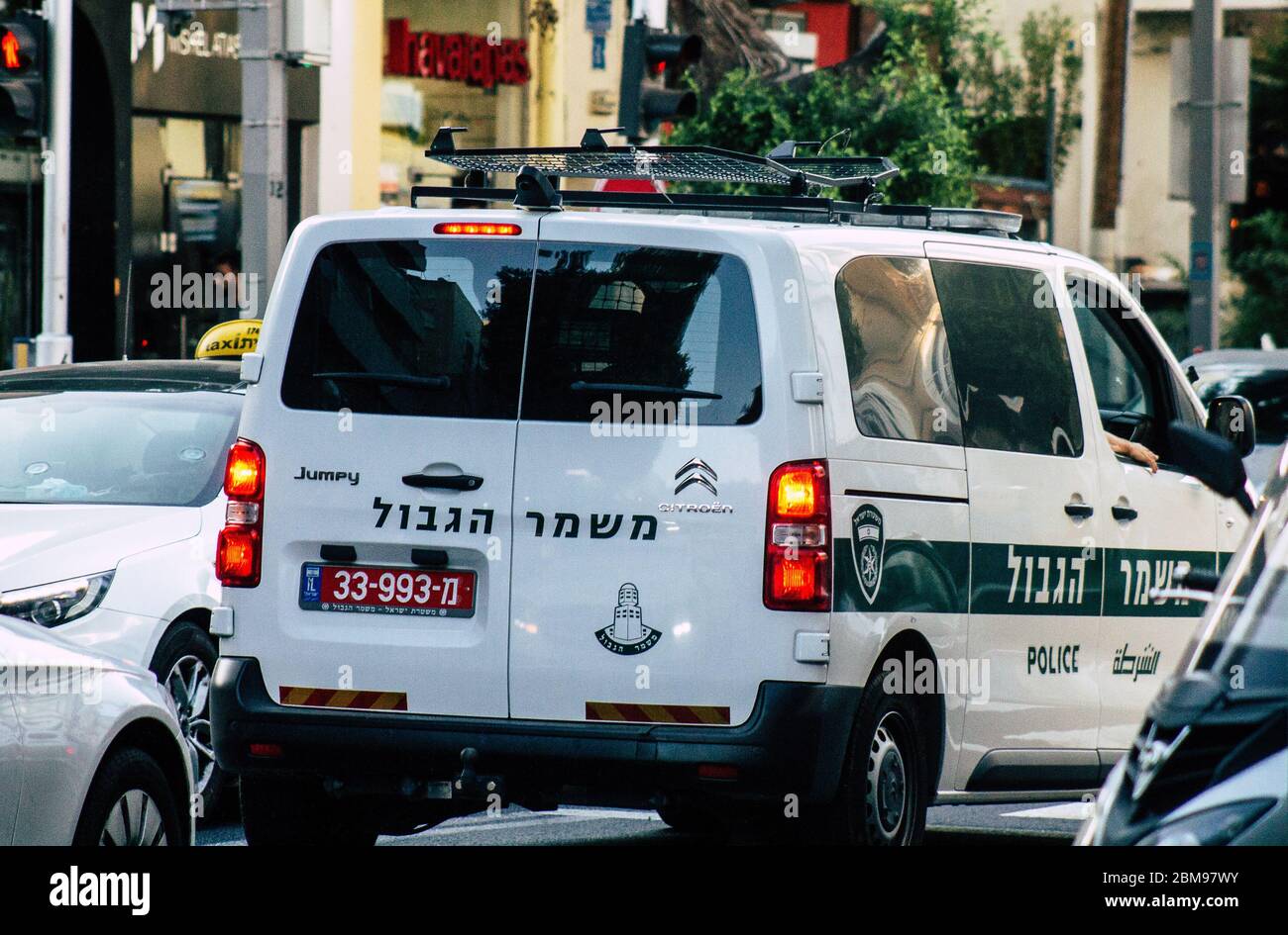 Tel Aviv Israel August 19, 2019 View of a Israeli police car rolling in the streets of Tel Aviv in the afternoon Stock Photo