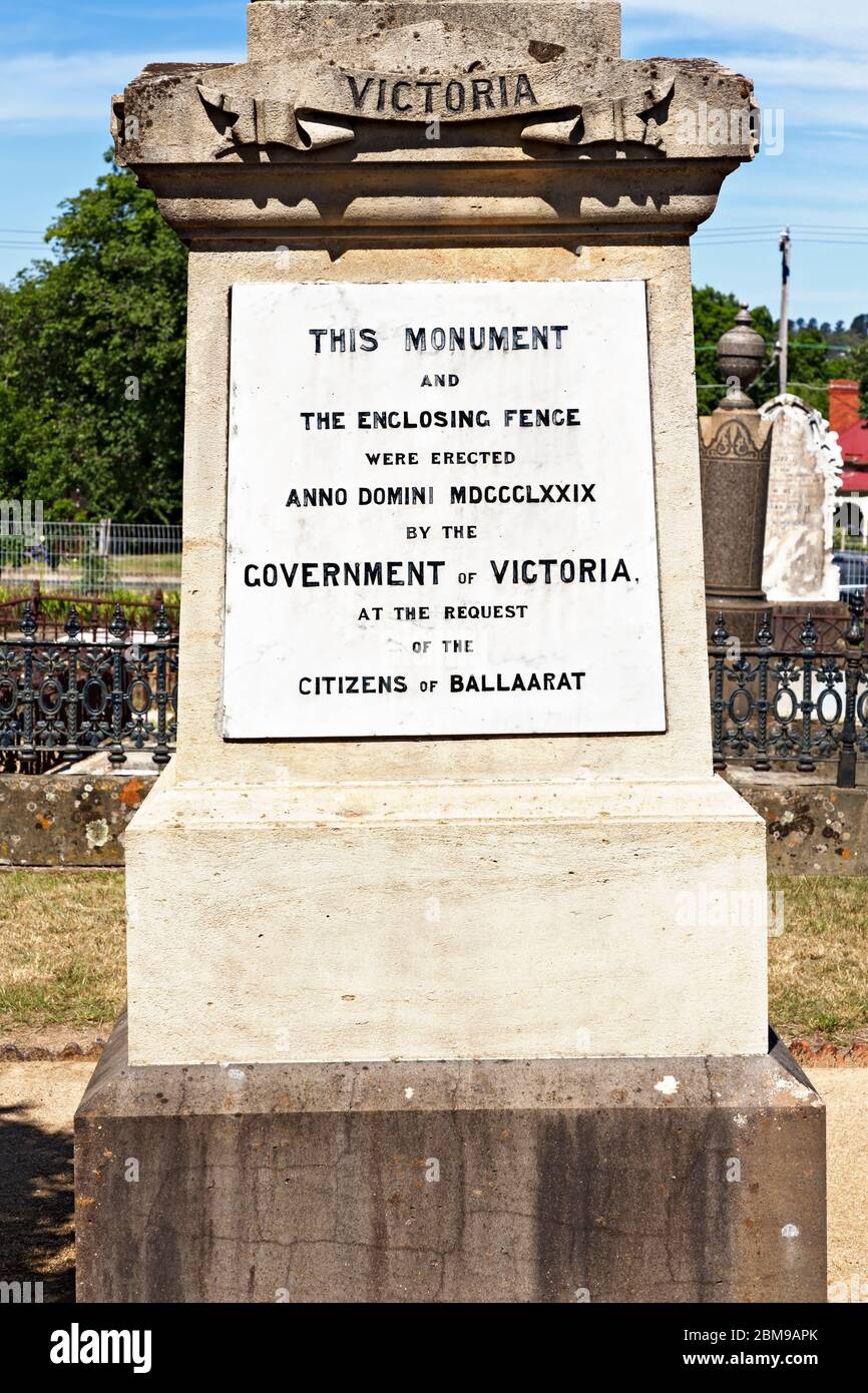 Ballarat Australia /  Memorial plaque dedicated to British soldiers killed at the 1854 Eureka Stockade battle in Ballarat Victoria Australia. Stock Photo