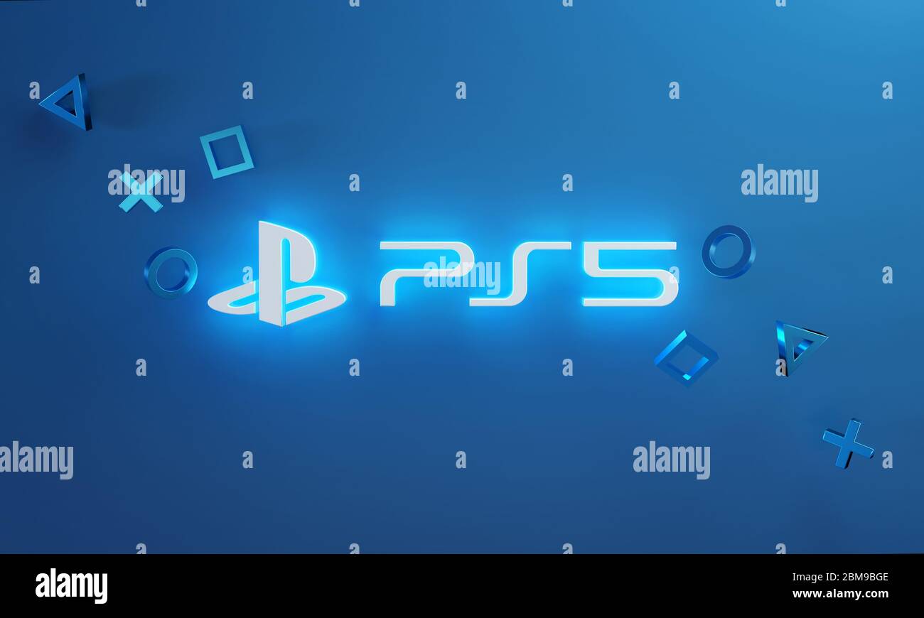 Playstation 5 Logo Glow on Blue Background Stock Photo - Alamy