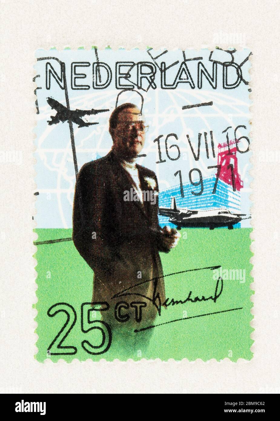 SEATTLE WASHINGTON - May 5, 2020:  1971 Dutch postage featuring Prince Bernhard  with airplane and building in background. Scott # 492 Stock Photo