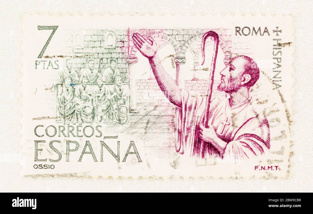 SEATTLE WASHINGTON - May 3, 2020:  1974 Spanish postage featuring the Roman clergy on 7 peseta stamp. Scott # 1816 Stock Photo