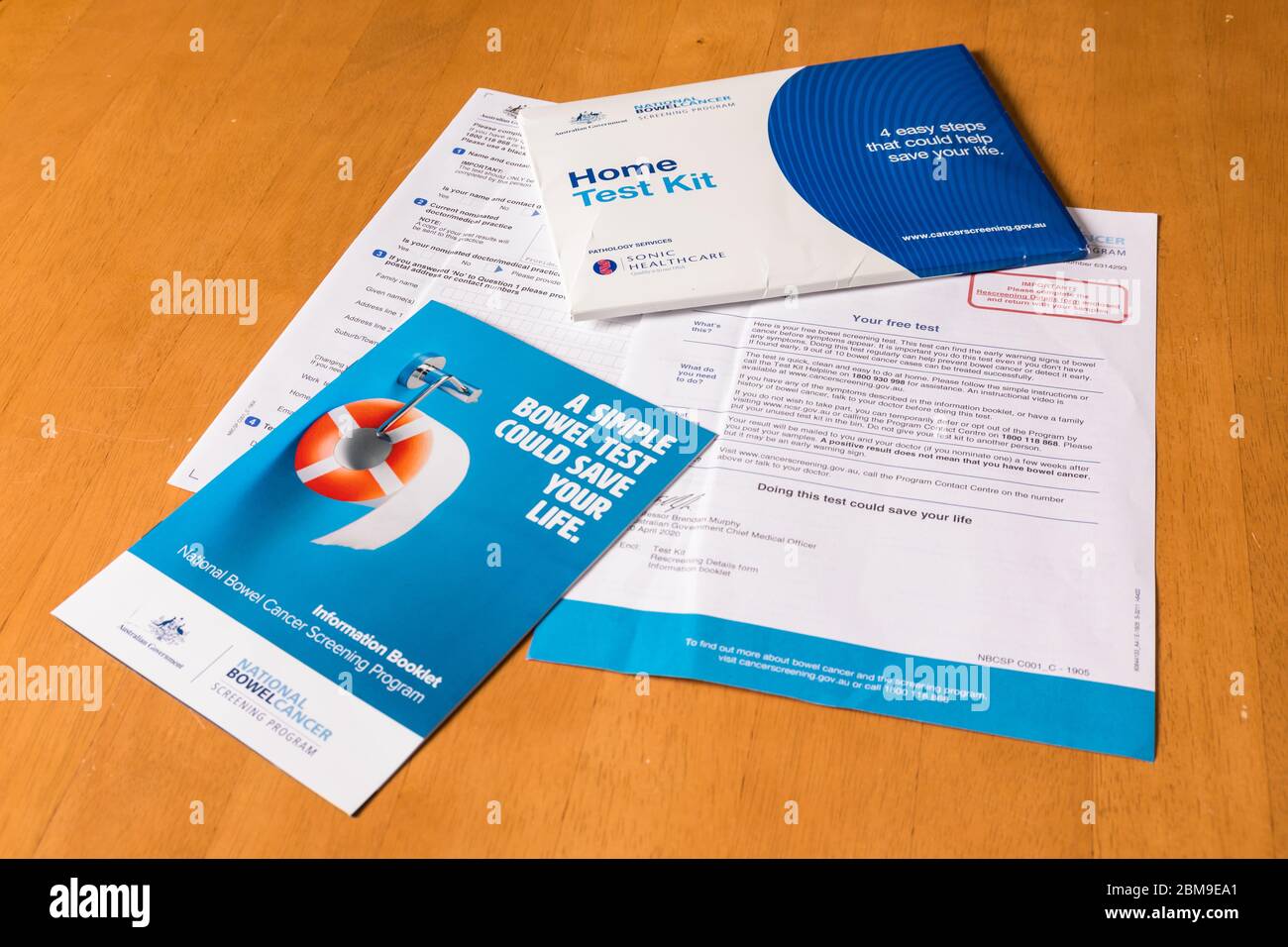 South Bunbury, Western Australia, Australia-May 8th 2020: Bowel Cancer Home Test Kit Stock Photo