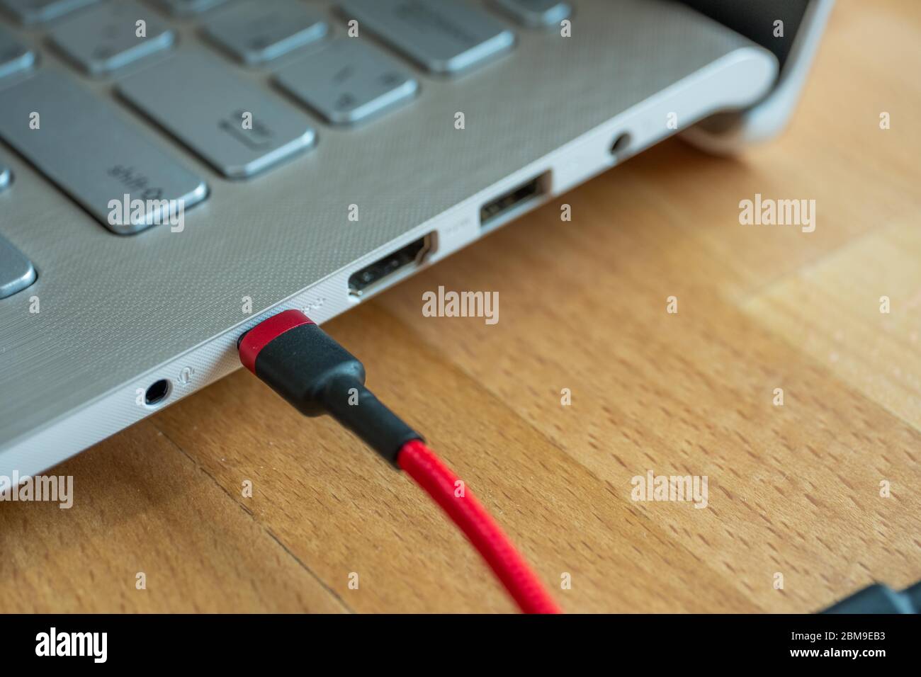 The USB type c is a hi speed data transfer and quick or fast charge battery.It a new connector port of a computer , laptop, or cell phone.A red cable Stock Photo