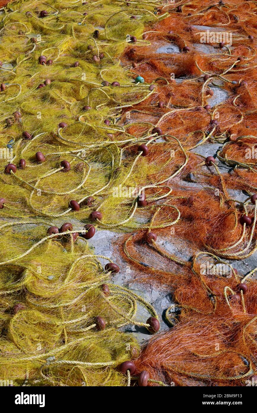 Fishing nets on quay, Hydra, Greece Stock Photo