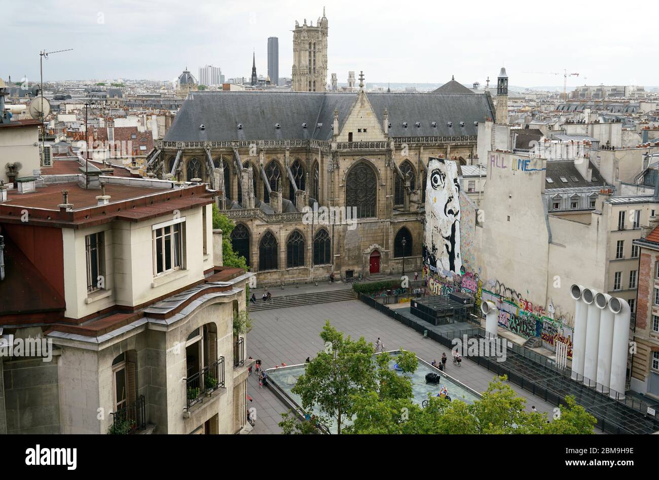 The view of Beaubourg area with Eglise Saint-Merri church in the background from Pompidou Centre.Paris.France Stock Photo