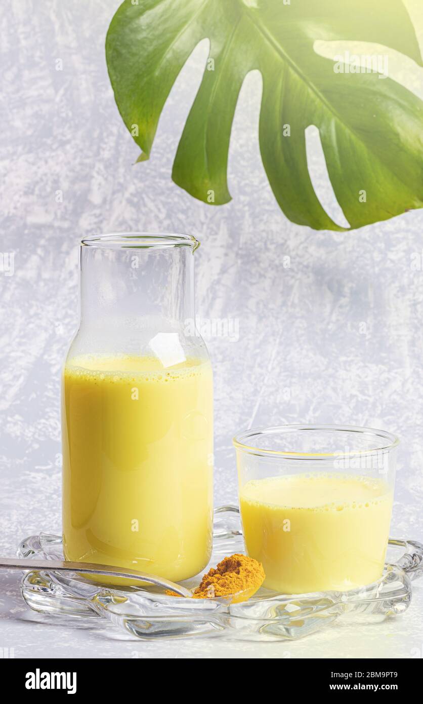 Organic turmeric milk. Bottle and glass with golden milk on figured transparent plate. Light grey background, monstera leaf. Concept of healthy eating Stock Photo