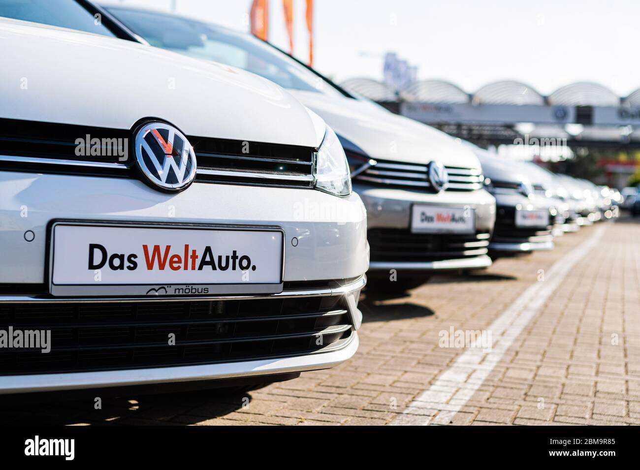 Berlin, Germany. 7th May, 2020. Vehicles are seen at a car dealership of Volkswagen in Berlin, capital of Germany, May 7, 2020. Car export in Germany had come to 'an almost complete standstill,' the German Association of the Automotive Industry (VDA) noted. Dropping by 94 percent, only 17,600 new passenger cars were delivered to customers all over the world in April. Credit: Binh Truong/Xinhua/Alamy Live News Stock Photo