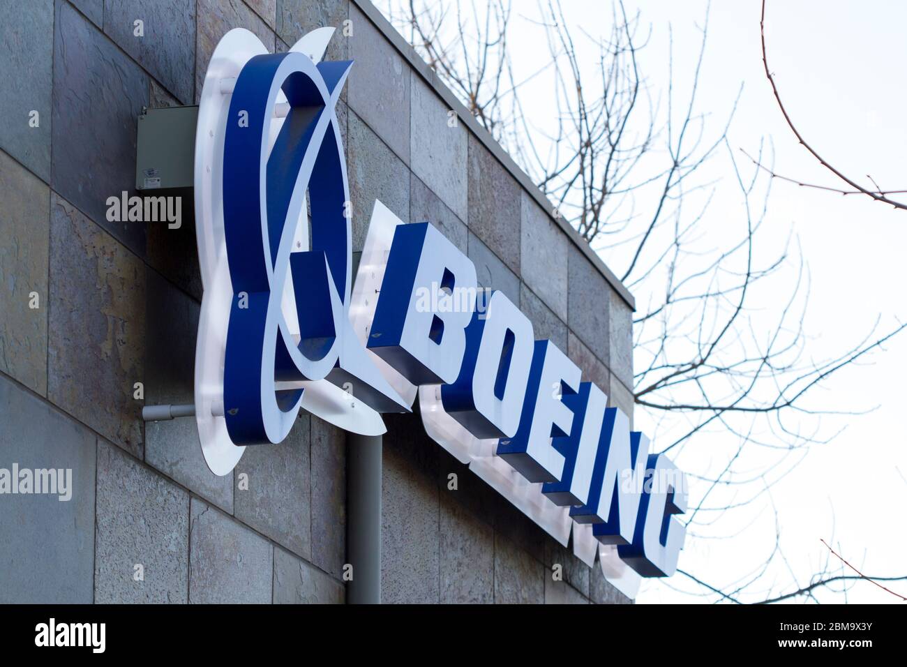 The Boeing sign at the Boeing Company's Silicon Valley office, housing Boeing HorizonX, Boeing NeXt & Aurora Flight Sciences, in Menlo Park California. Stock Photo